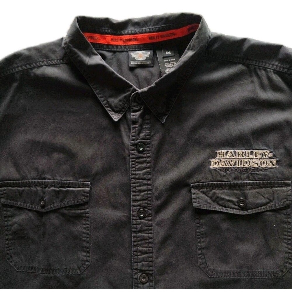 Harley-Davidson Mens 5XL Black Sleeveless Button Up Biker Shirt Graphic Distress